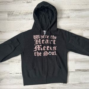 House of Blues gray hoodie with pink lettering and angel wings
